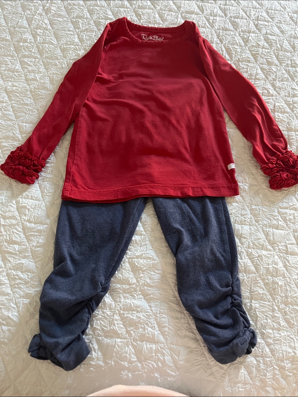 Red Ruffle Sleeve Top with denim scrunchie at the legs Ruffle Butts